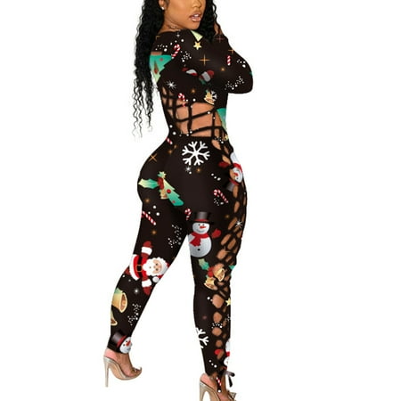 

Bomotoo Merry Christmas Pajama Jumpsuits for Womens One Piece Sleepwear Hollow Out Bodysuit Underwear Long Sleeve Nightwear