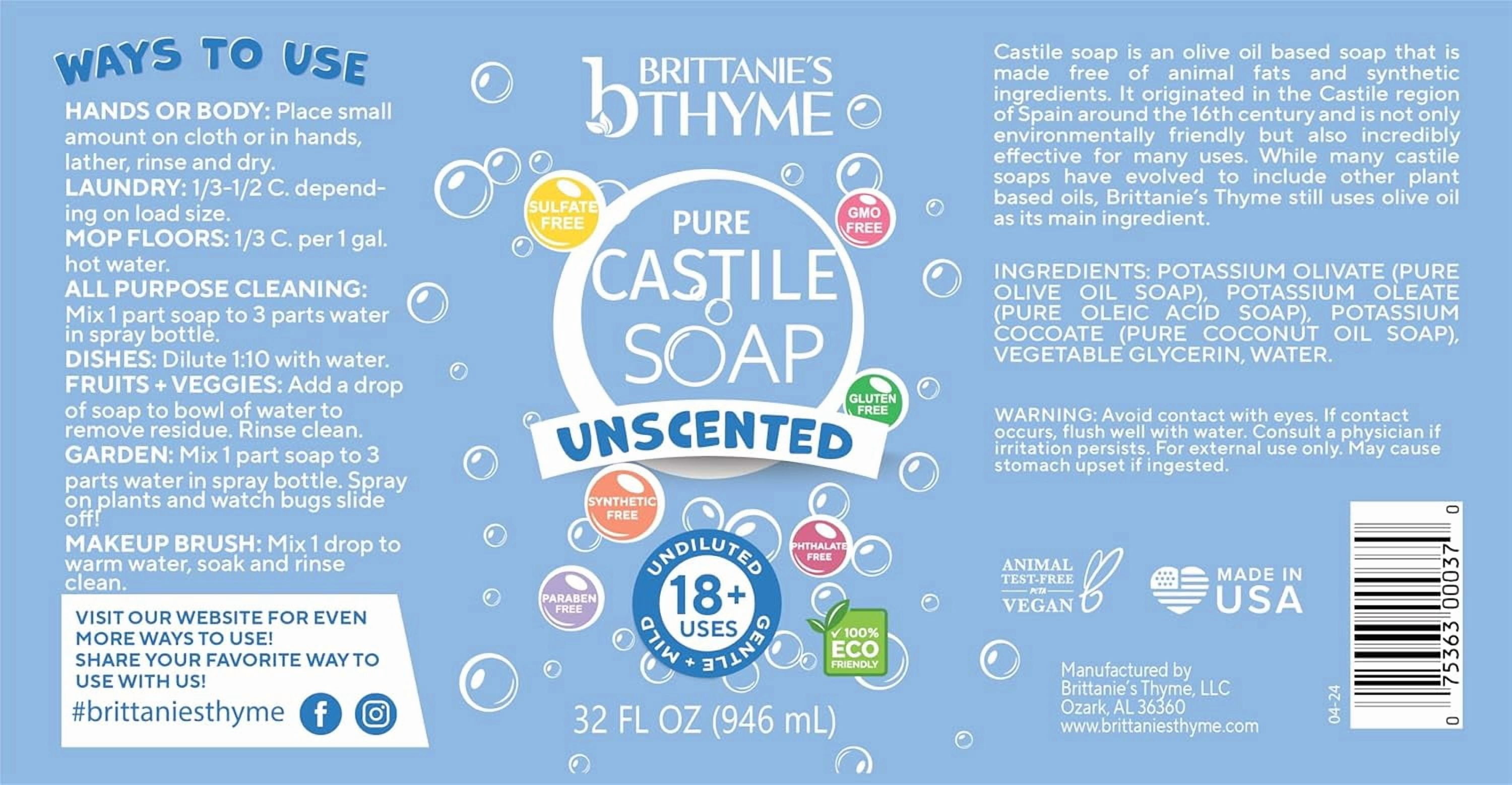 Brittanie’s Pure Castile Liquid Soap Refill, Unscented, 32 Ounce Pack of 2 | Dish Soap, Hair & Body, Home, Gentle and Pure, Made with Natural Luxurious Oils, Vegan & Gluten Free Non-GMO
