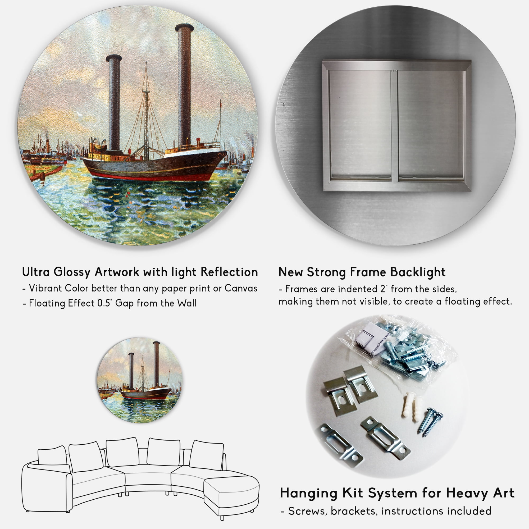 Designart 'The Ancient Boat Leaving The Harbor' Nautical & Coastal Circle Metal Wall Art 36x36 - Disc of 36