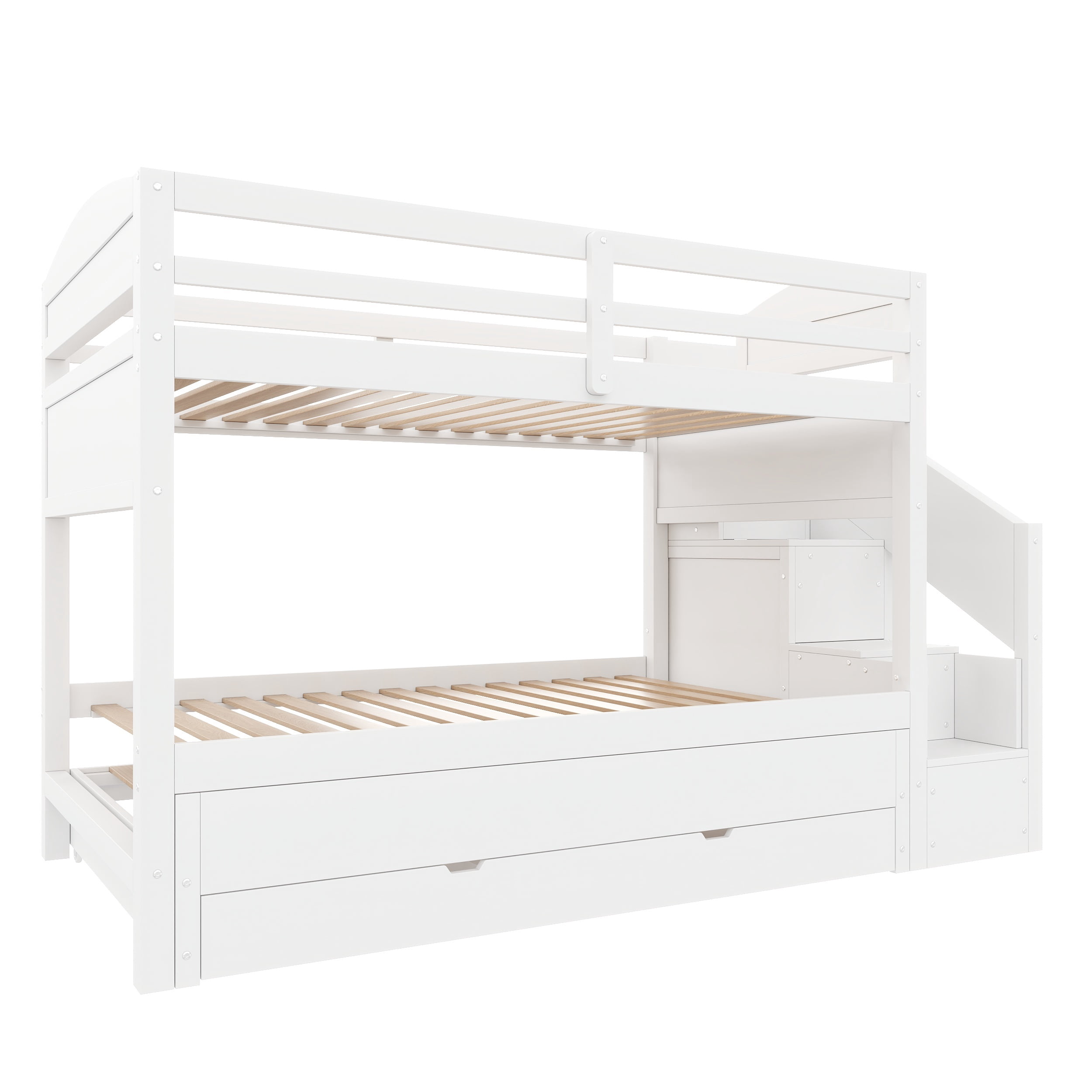 Euroco Wood Twin XL over Twin XL Bunk Bed with Trundle and Drawers,Storage Staircase and Wardrobe, White