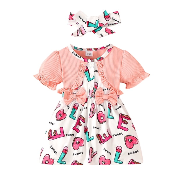 TheFound 1-3Y Bébé Fille Ensemble de Robe, Manches Courtes Lettres d'Impression Patchwork une Ligne Robe avec Bandeau Tenue d'Été