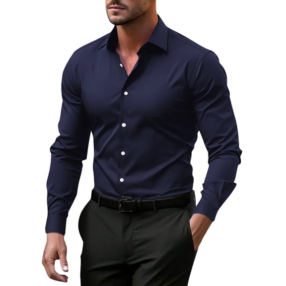 KXDMNE Mens Long Sleeve Button Down Shirt - Slim Fit Polyester Lapel Business Dress Shirt Casual Formal Workwear for All Year, Navy, XL