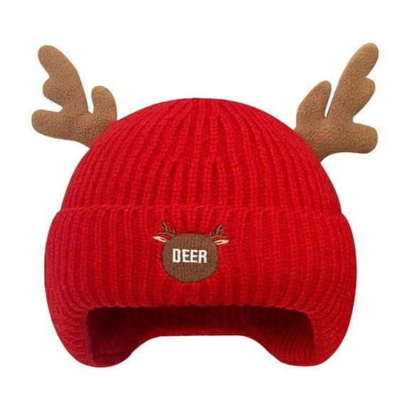 Christmas Hat, Reindeer Hat, Red Knitted Christmas Hat with Antlers for Kids and Adults, Warm Fleece-Lined Ear-Covering Acrylic Holiday Cap