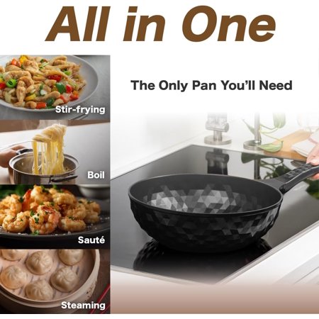 Diamond X Premium Non Stick Wok Pan - 11" Large Flat Bottom Chinese Wok - Woks & Stir-fry Pans Nonstick - Titanium-Coated 8-Layered Korean Engineered Skillet for Frying, Oil-Free, PFOA-Free