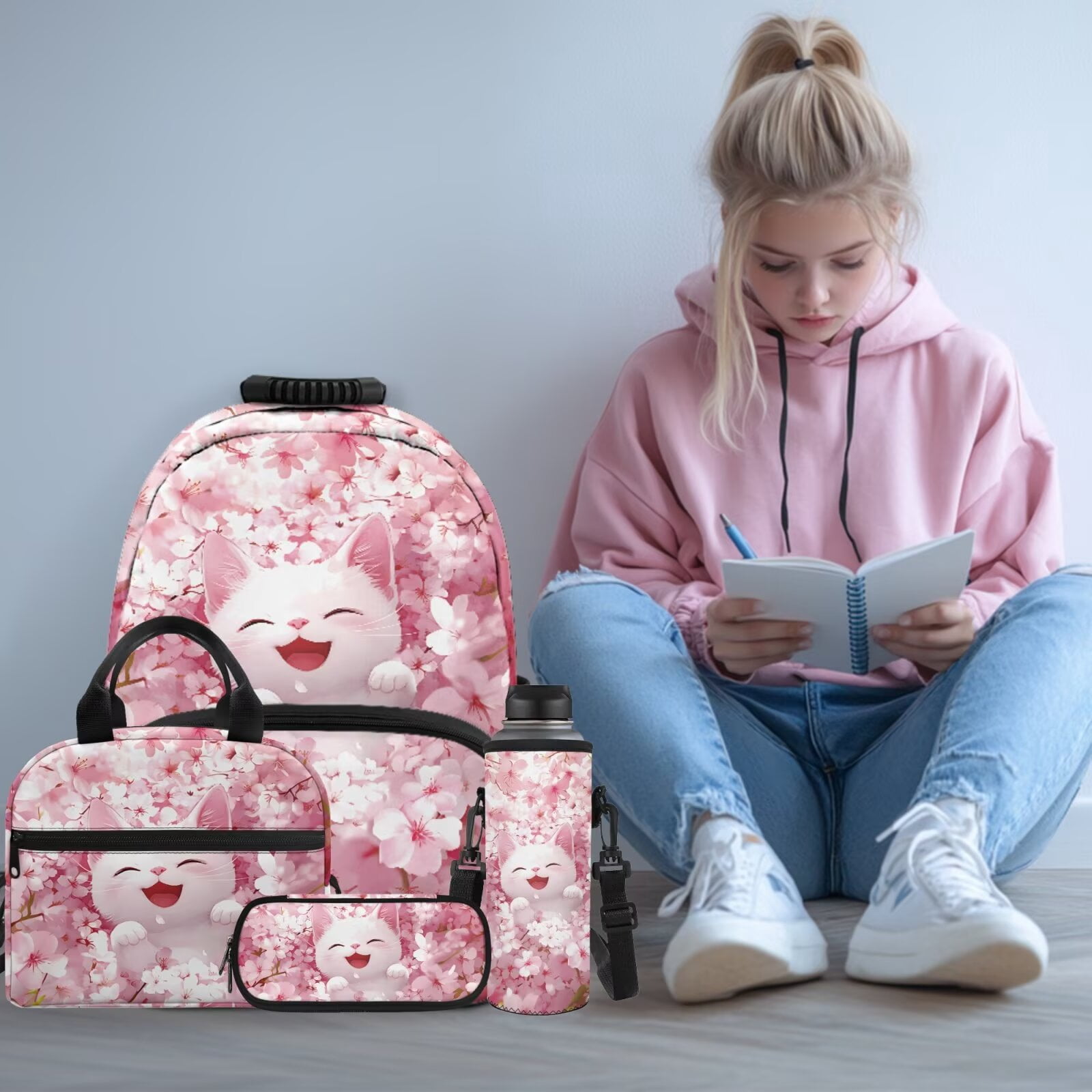 Pzuqiu Cherry Blossom Cat School Backpack Set of 4 Back Pack with Lunch Box Pencil Case Water Bottle Bag Backpacks for School Girls with Adjustable Shoulder Strap Student Bag
