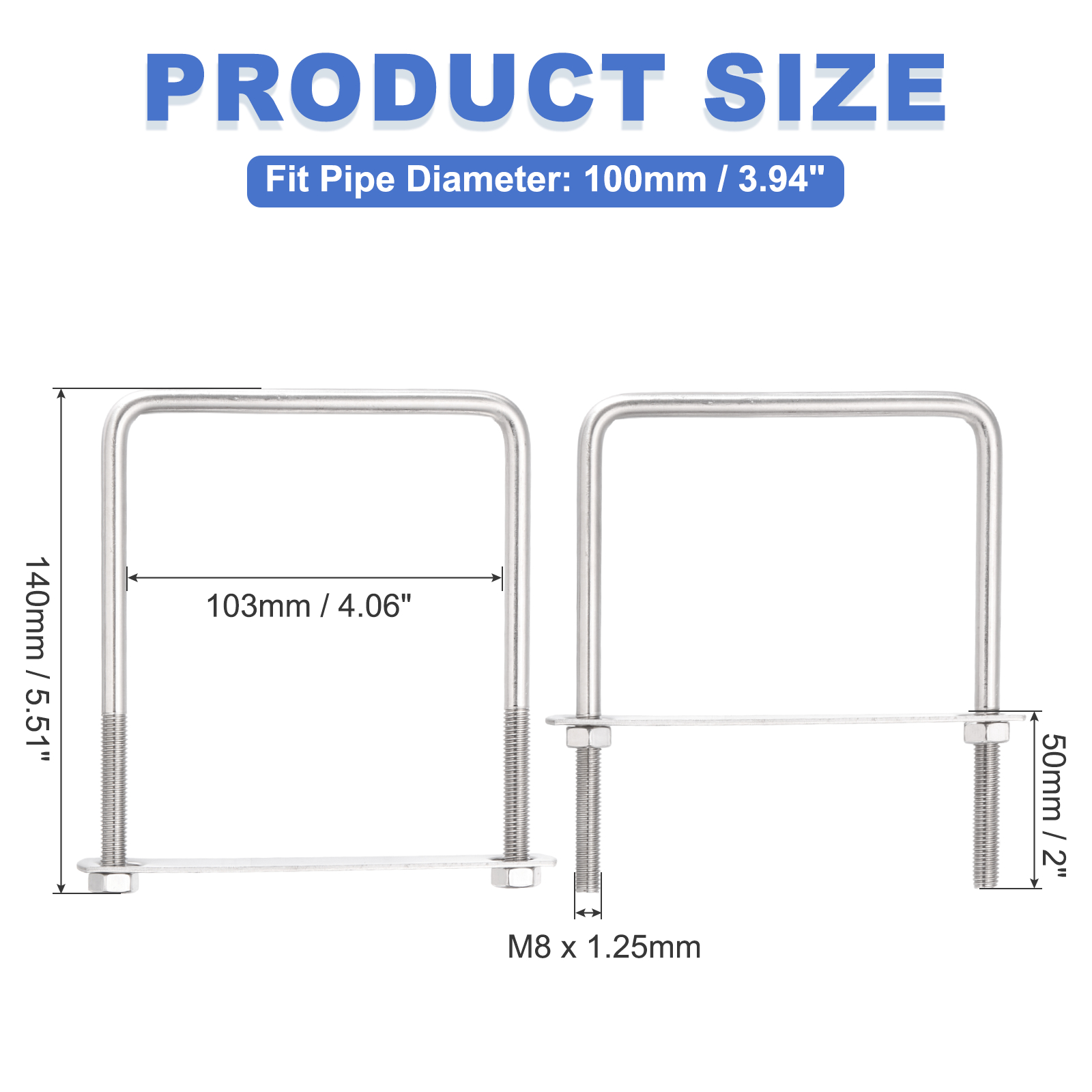 Uxcell 4 Sets M8 Square U-Bolts, 4.02" Inner Width 5.51" Length 304 Stainless Steel U Clamp Bolts with Nuts, Plates and Wrench