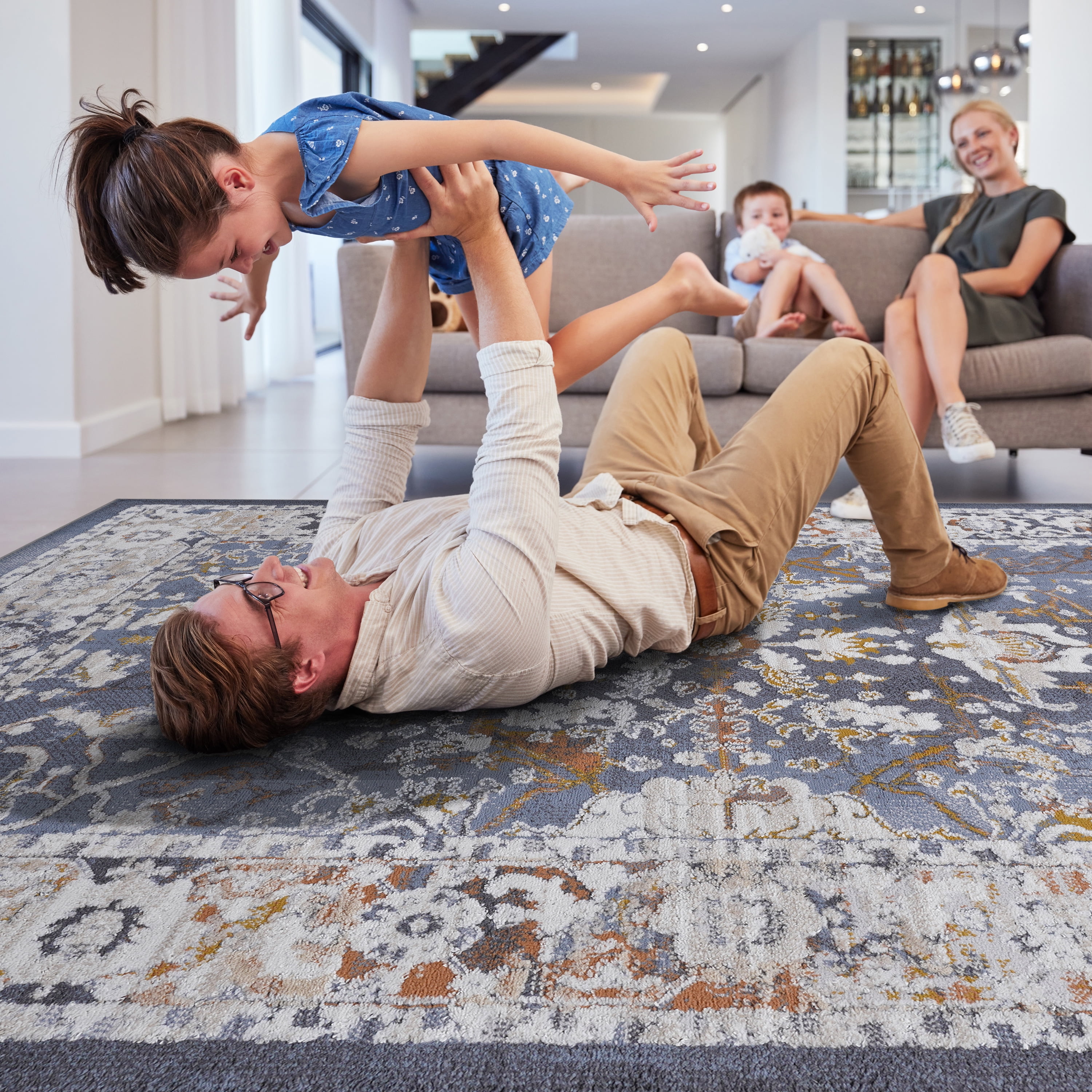 8' x 10' Blue Traditional Area Rug Non-Shedding Stain Resistant Medium Pile Carpet for Living Room Bedroom Dining Room Home Office Entryway