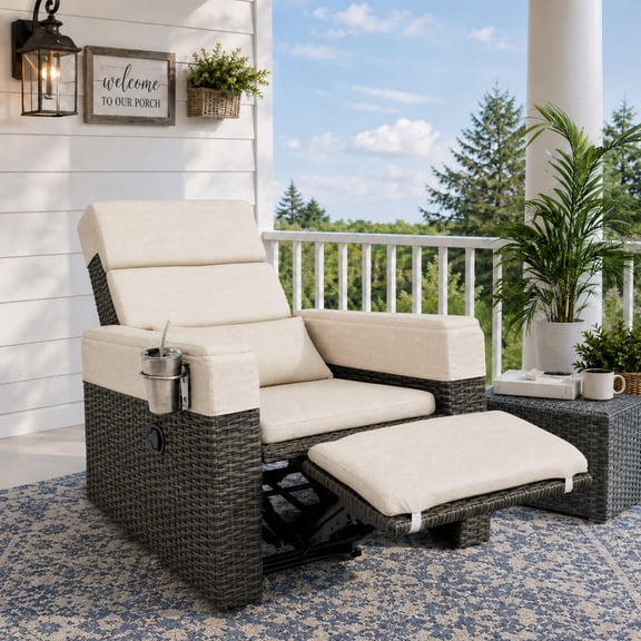 CLSTR Rust Resistant Aluminum Outdoor Reclining Chair, 140° Flat Recline, Weatherproof Wicker Patio Lounge, 1PC, Brown/Beige