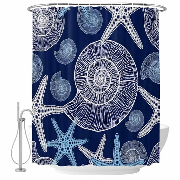 Ocean Conch Shower Curtain Set - Standard 72" x 72" Washable Bathtub Curtain with 12 Hooks, Vintage Coastal Starfish Lines Navy Blue Waterproof Fabric Stall Shower Curtains for Bathroom Décor