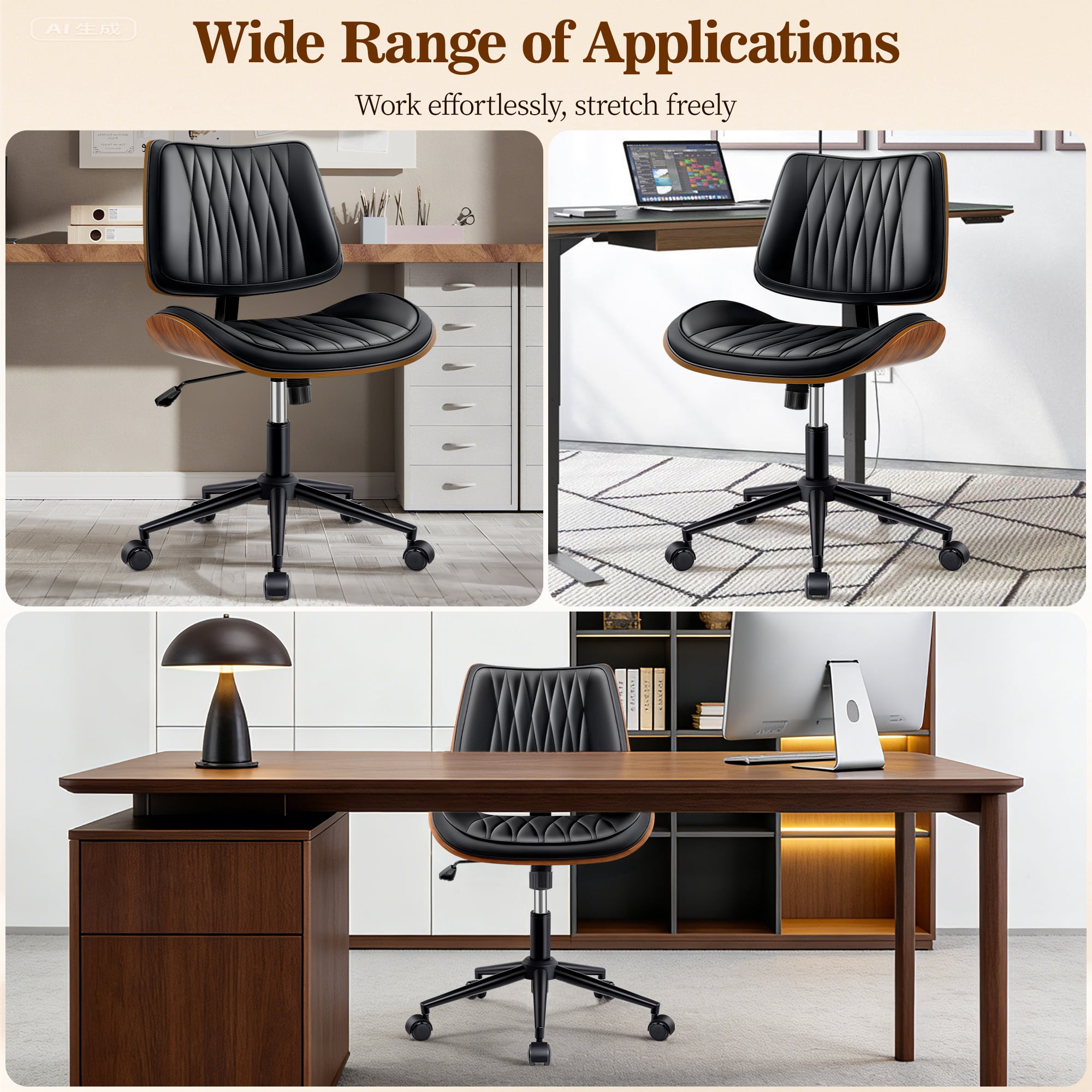 COOLHUT Home Office Chair, Armless Adjustable Height Small Office Desk Chair, PU Leather Swivel Computer Chair, Modern Walnut Bentwood Chair for Office, Reading Meeting Room, Makeup Vanity, Black