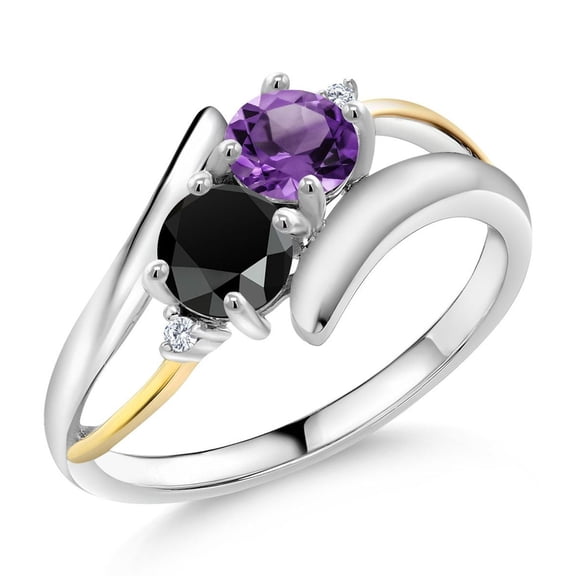 Gem Stone King 0.97 Cttw Purple Amethyst and Black Onyx Ring for Women | 925 Sterling Silver and 10K Yellow Gold | Round 5MM | Gemstone Birthstone | Wedding Engagement Anniversary Ring | Size 6