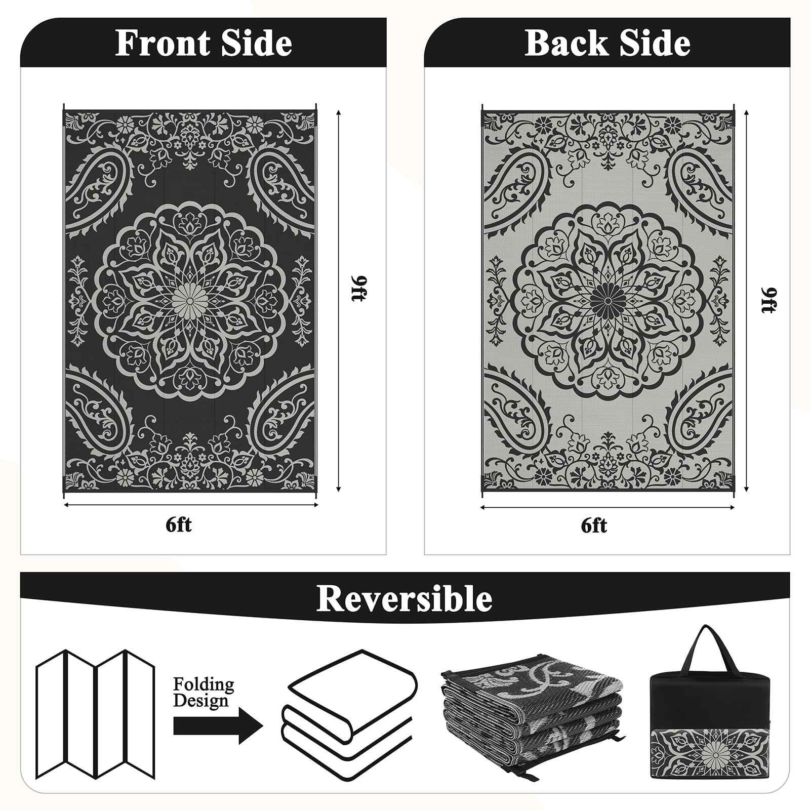 MeyJey 6'x9' Outdoor Rugs for Patio, Patio Rug Waterproof RV Mats, Plastic Straw Camping Area Rug for Indoor Porch Balcony Beach Mat, Black/Grey