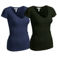 thumbnail image 1 of Essential Basic Women's Plain Short Sleeve V Neck T Shirts - 2Pk - Olive, Navy, L, 1 of 3