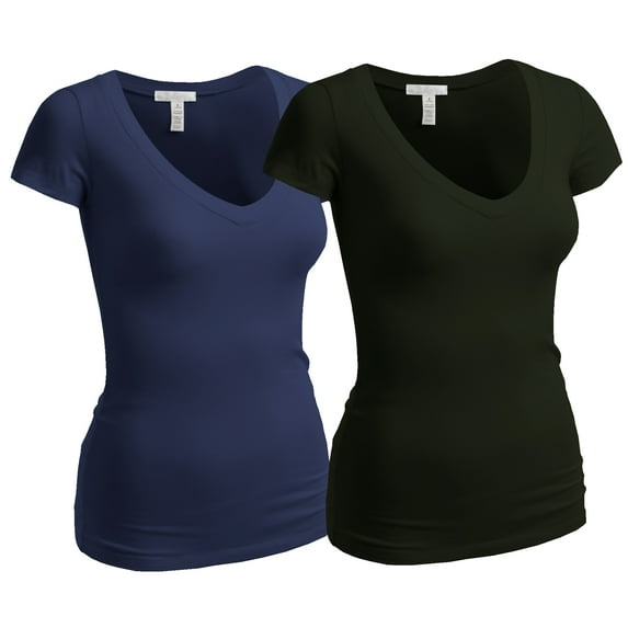 Essential Basic Women's Plain Short Sleeve V Neck T Shirts - 2Pk - Olive, Navy, L