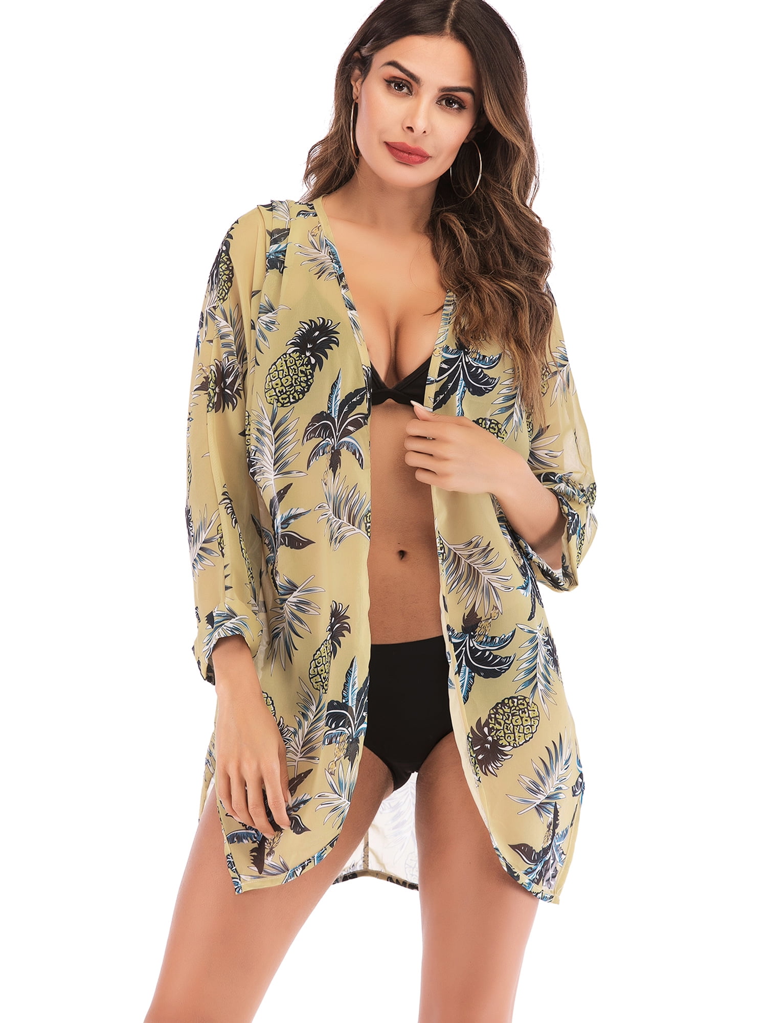 Sayfut Womens Sheer Chiffon Kimono Cardigan Lightweight Casual Swimwear Floral Beach Cover Up S 2xl