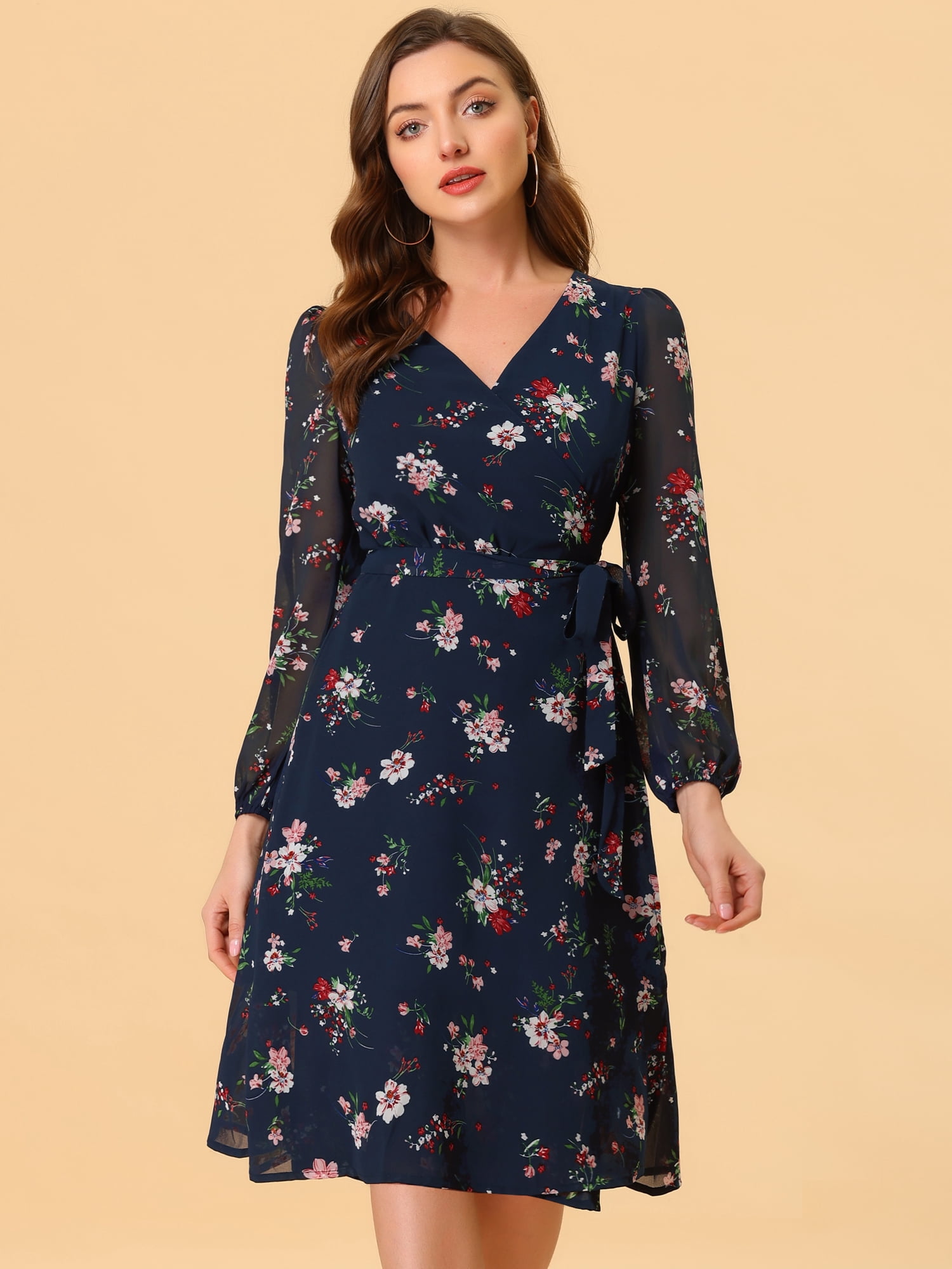DARING DIVA Boho Floral V Neck Bishop Sleeve Below The Keen Wrap Dress XL Dark Blue