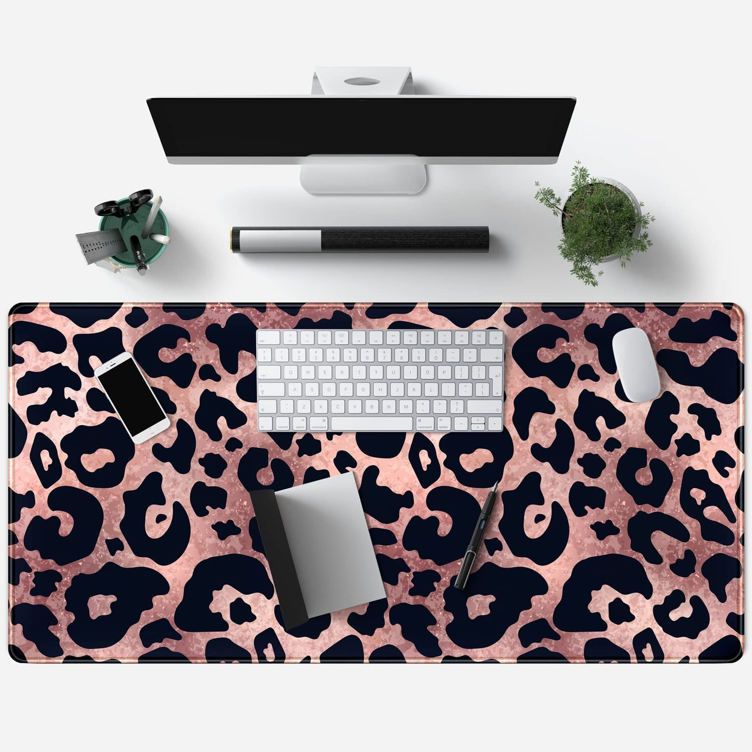 Desk Mat Decor Leopard Rose Black Large Gaming Mouse Pad Gold Pink Marble Mousepad for Women Computer Office Keyboard Mat Laptop Big Mouse Pad Cute Desk Decor 31.5x15.7 in with Non-Slip Stitched Ege