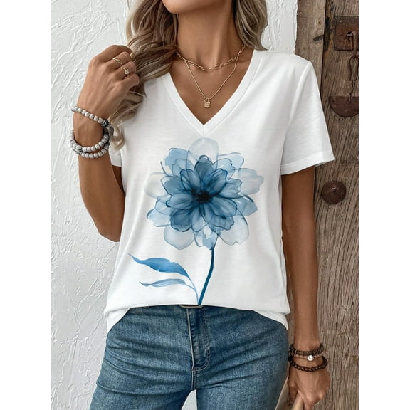 Blue Watercolor Flower Print White V - Neck Tee