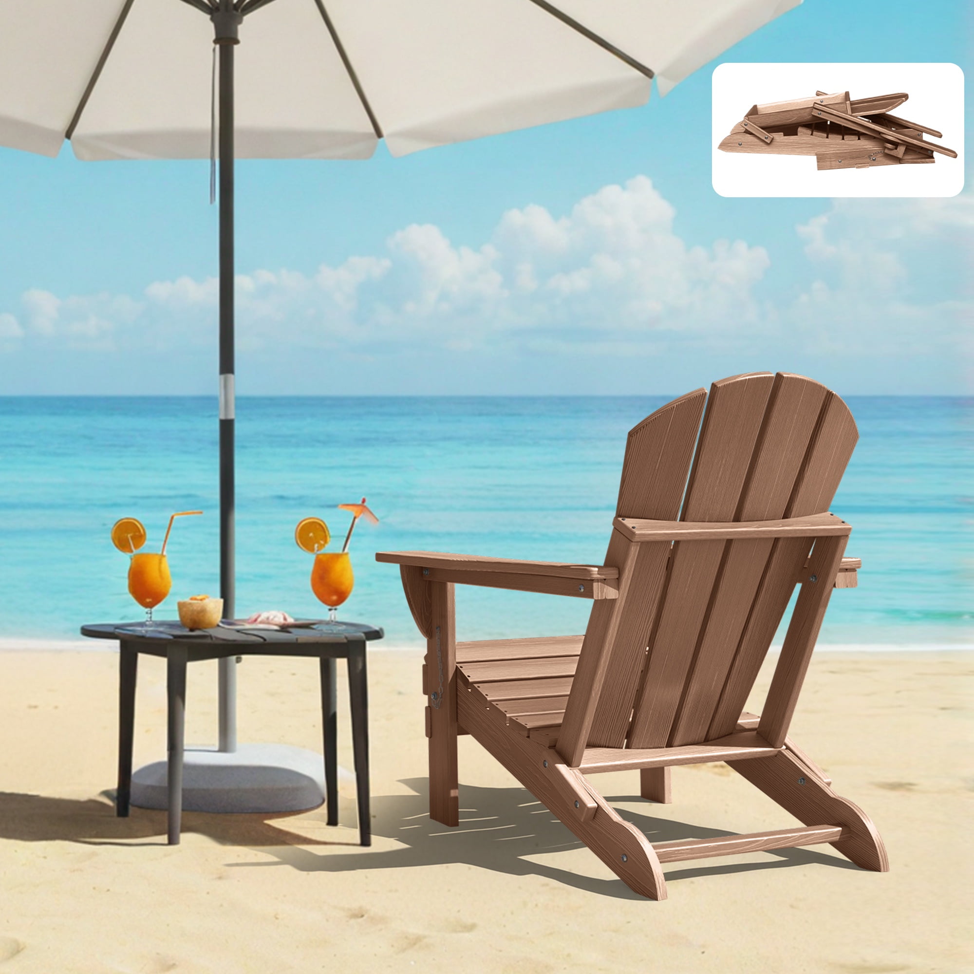 Ciokea Wood Adirondack Chair Folding Outdoor Patio Chairs Fire Pit with Cup Holder Pool Porch Garden Brown