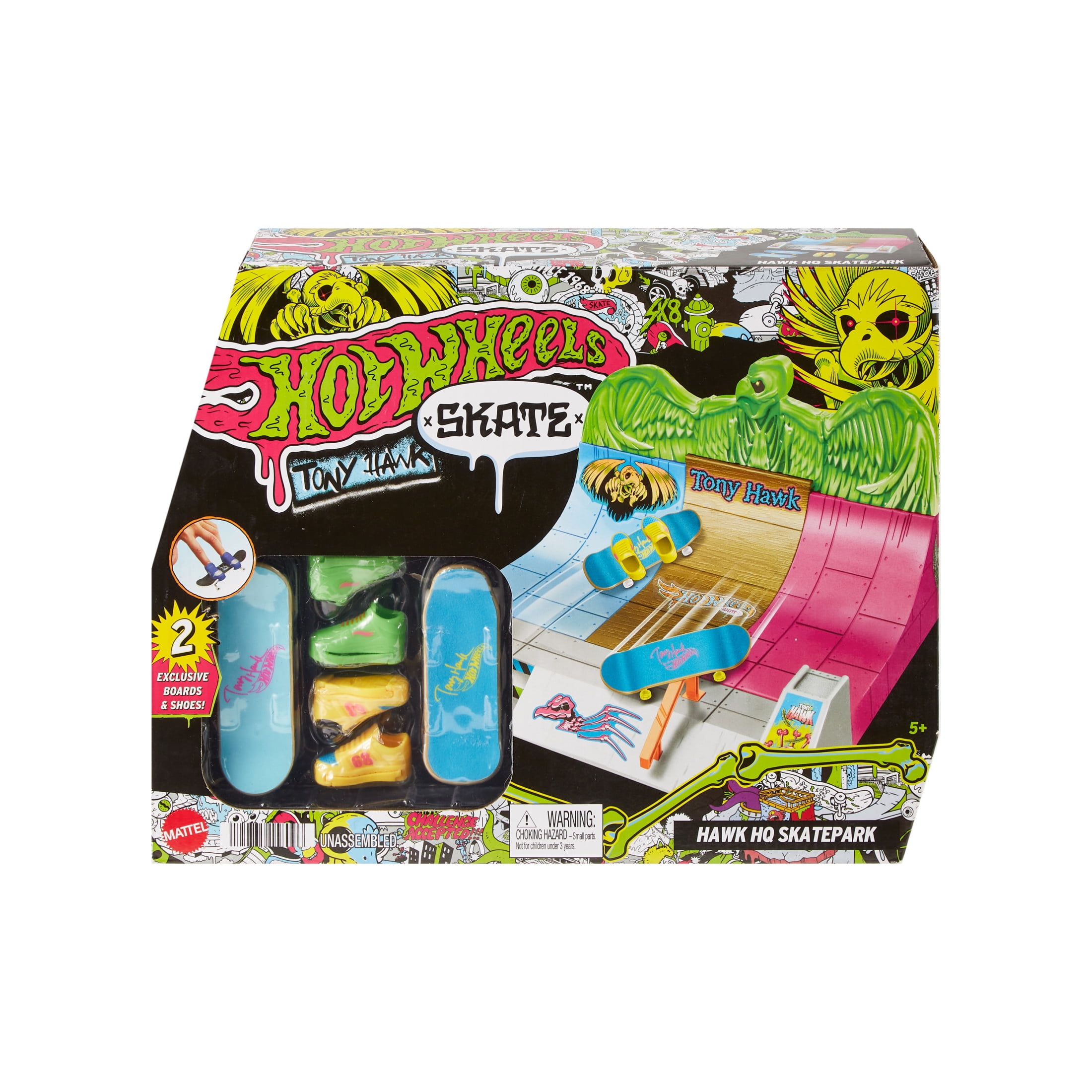 Hot Wheels Skate Tony Hawk HQ Skatepark with 2 Fingerboards & 2 Pairs of Skate Shoes 12.2 in