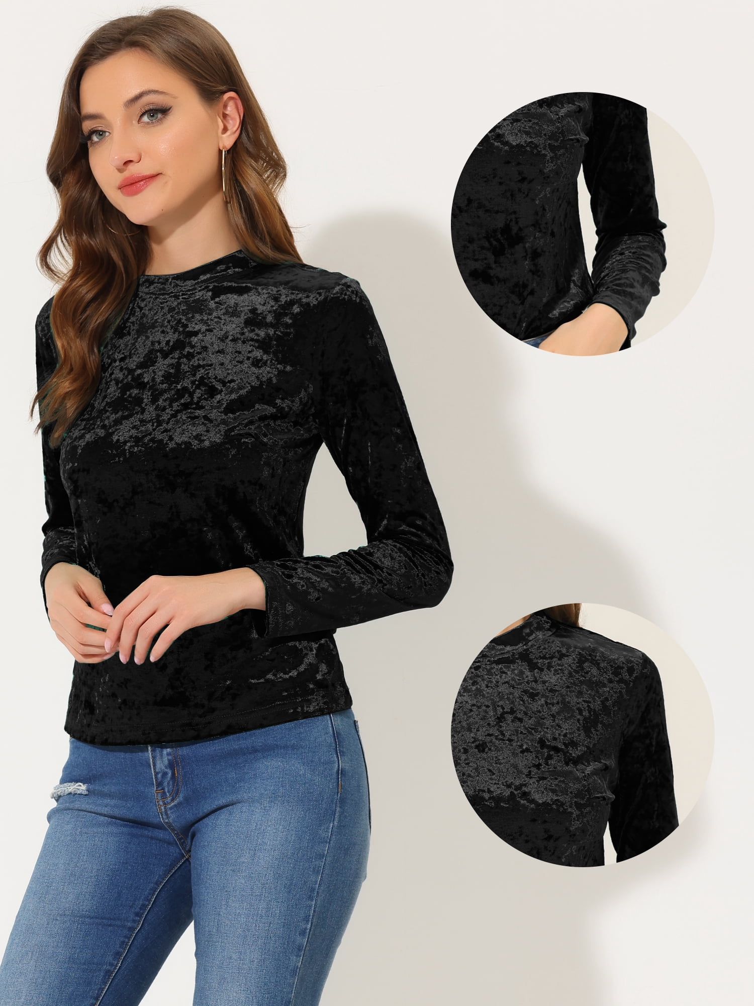DARING DIVA Velvet Tops Round Neck Casual T-Shirt XS Black