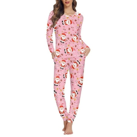 

Suhoaziia Pajamas for Women Set Plus Size Long Sleeve Shirt Loose Fitting Crewneck Nightwear with Two Pockets Cute Santa Home Loungewear Pjs Fit for XS Ladies
