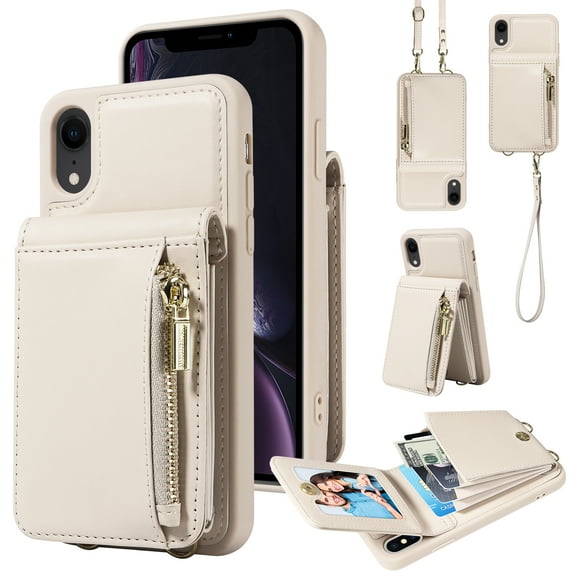 Nalacover RFID Blocking Wallet Case for iPhone XR, Shockproof PU Leather Magnetic Button Zipper Purse Card Slots & Kickstand Crossbody Phone Case with Shoulder & Wrist Strap,White