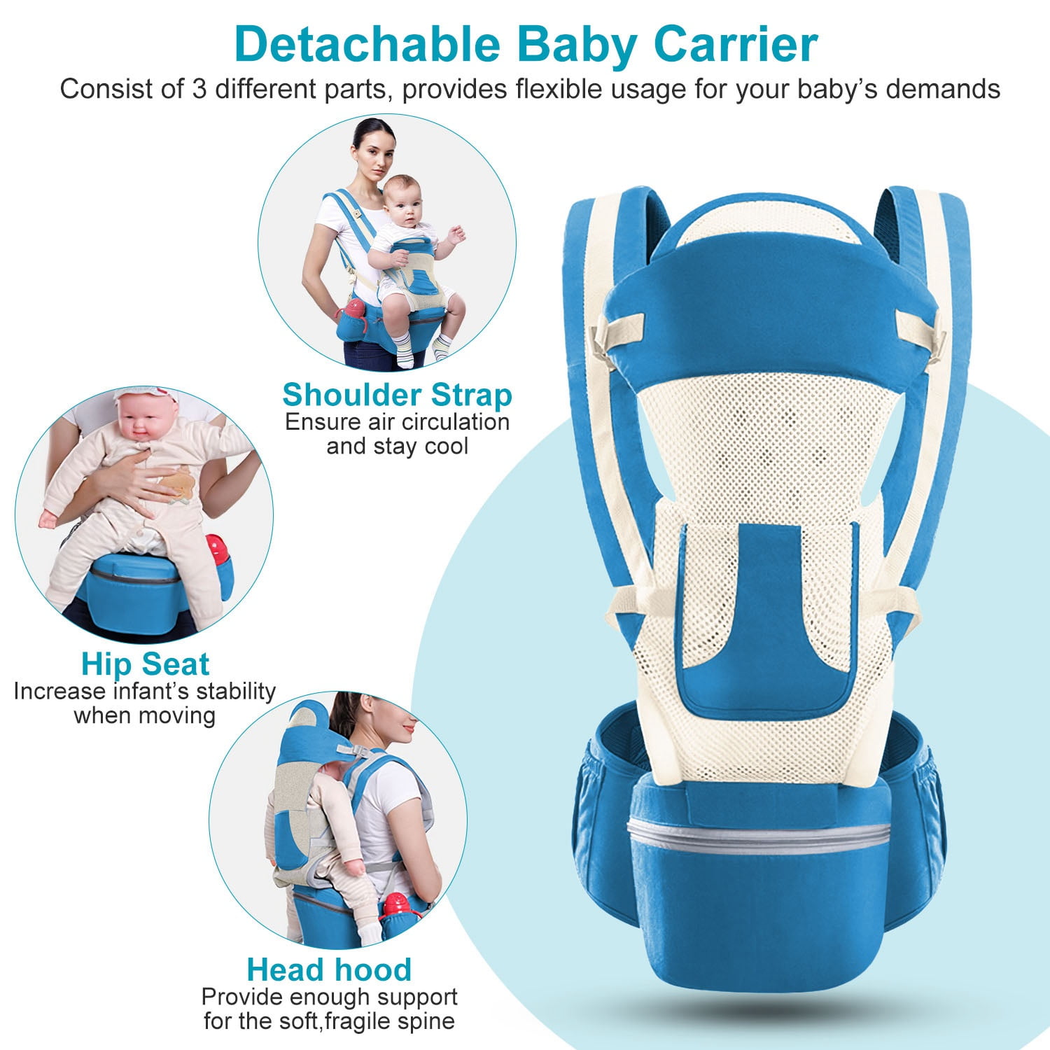 Zorpupoa Kid Carrier with Hip Seat, Ergonomic Adjustable Infant Carrier with 15 Carrying Positions for Under 55lbs Weight 0-4 Years Old, Blue