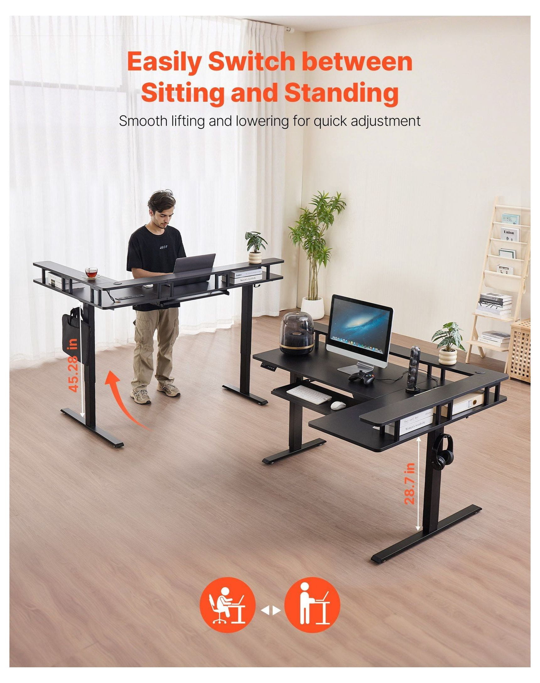 L Shaped Desk Electric Adjustable Height Corner Desk with Keyboard Tray, 63.1" Gaming Desk, Standing Desk with LED Lights & Power Strip, Home Office Computer Desk
