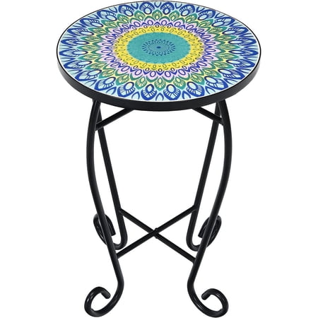 Outdoor Side Table, Mosaic Patio Table, 14Inch Accent Table Plant Stand, Ceramic Tile Top Metal Frame, Small End Table Porch Beach Patio Garden Poolside