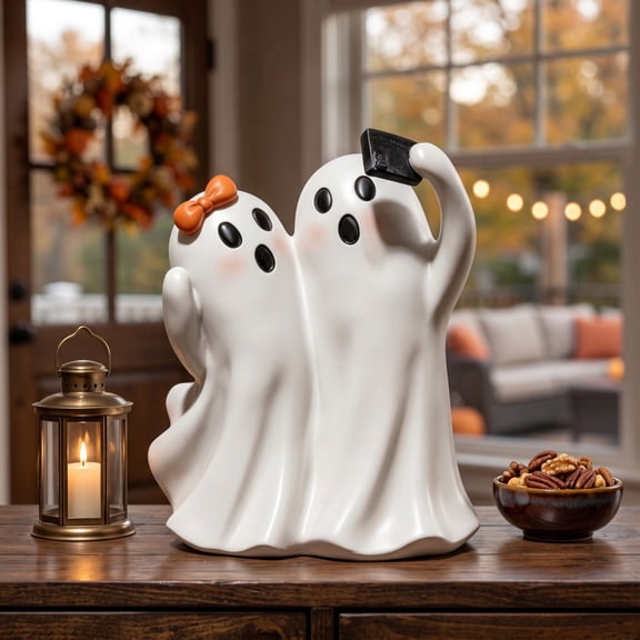 Selfie Ghost Couple Statue, Cute Resin Halloween Figurine with Phone Pose, Spooky Tabletop Ornament for Shelf, Mantel, Desk, Entryway & Seasonal Home Party Decor, Whimsical Gothic Display Accent