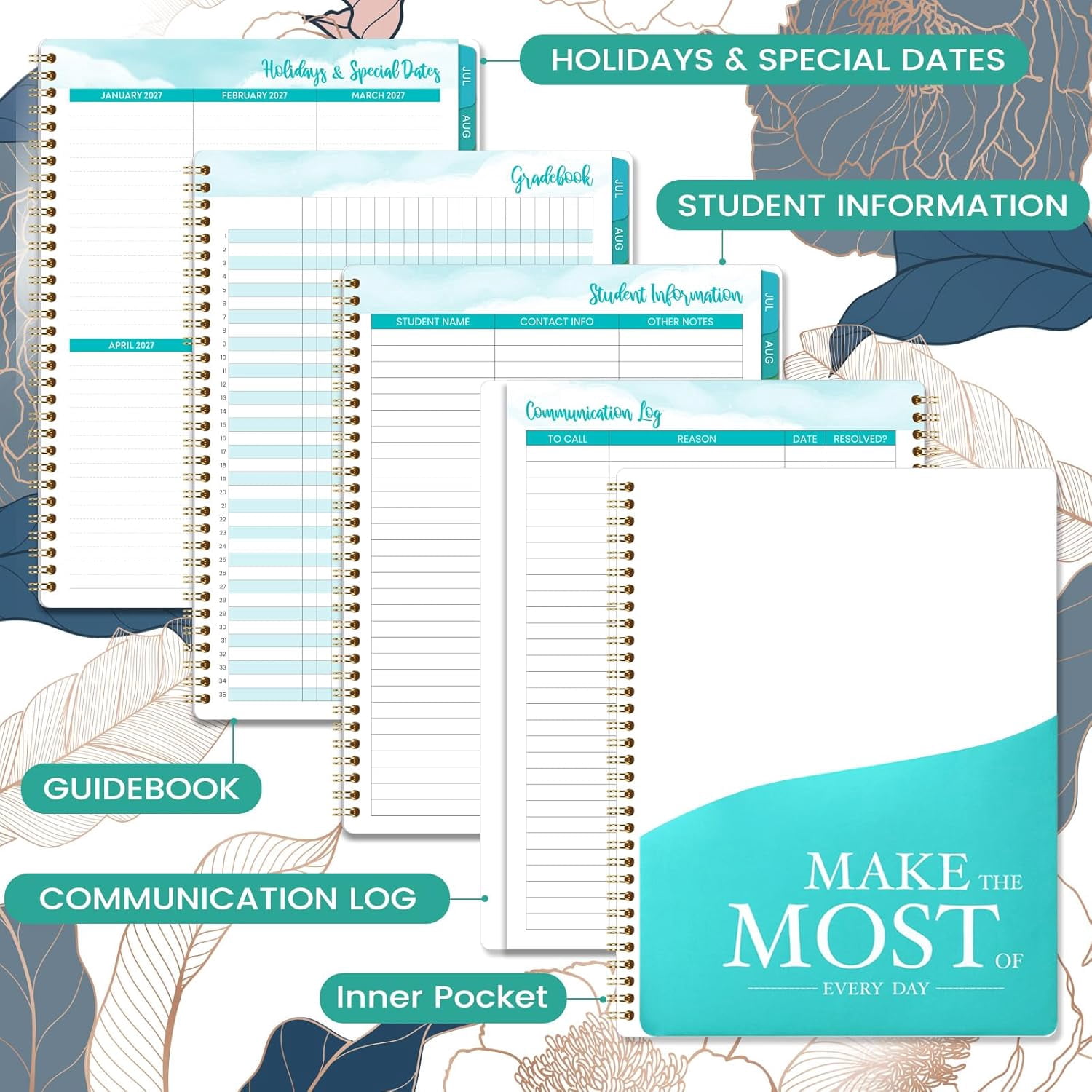 Teacher Lesson Planner July 2026 To June 2027, 11" X 8.3" Weekly And Monthly Planner Book With Floral Design For Classroom Organization