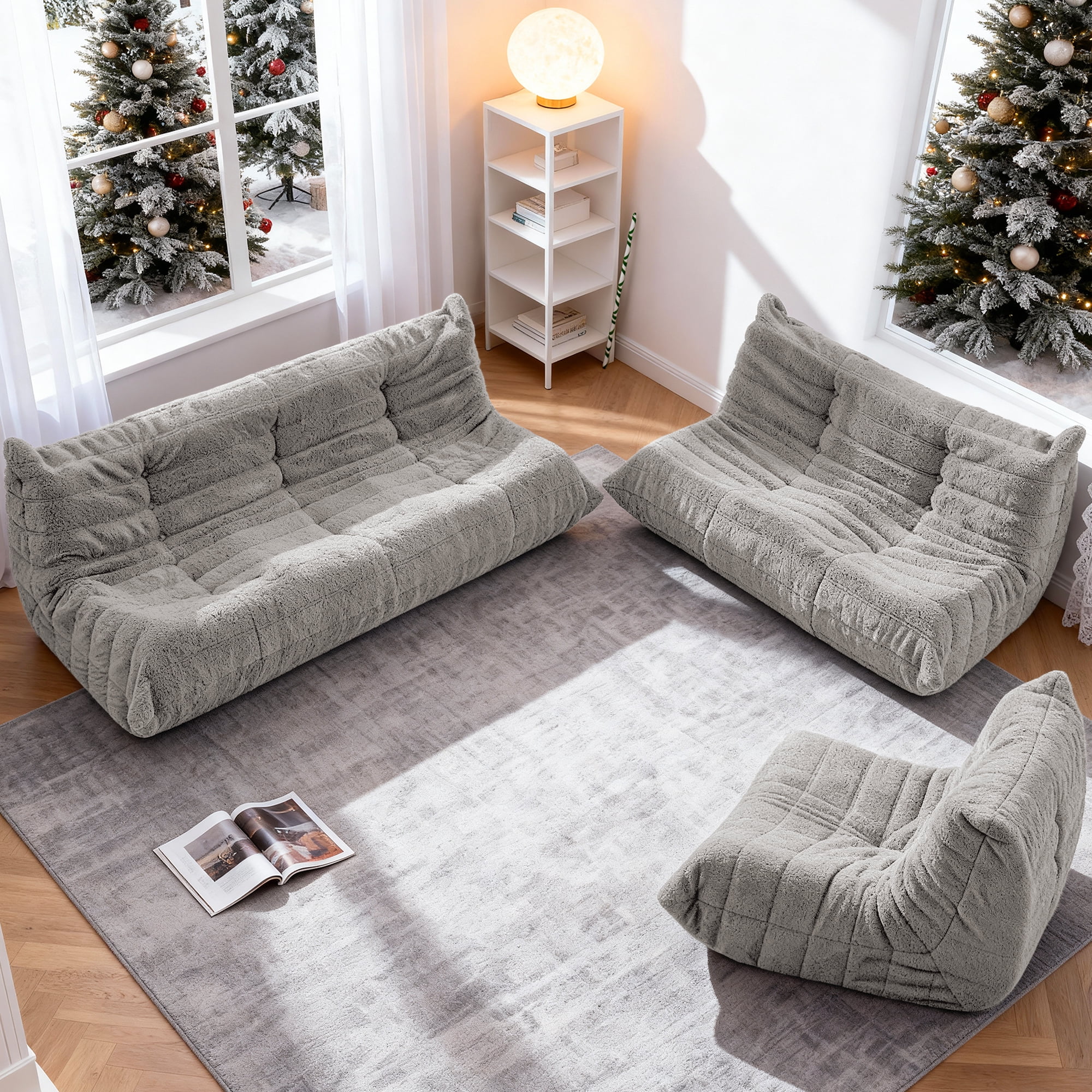 HARIPUL Bean Bag Loveseat Chair, Memory Foam Filled Teddy Fabric Sofa for Adults, Fireside Lounge Chair for Home, Apartment or Gaming Room, LightGrey