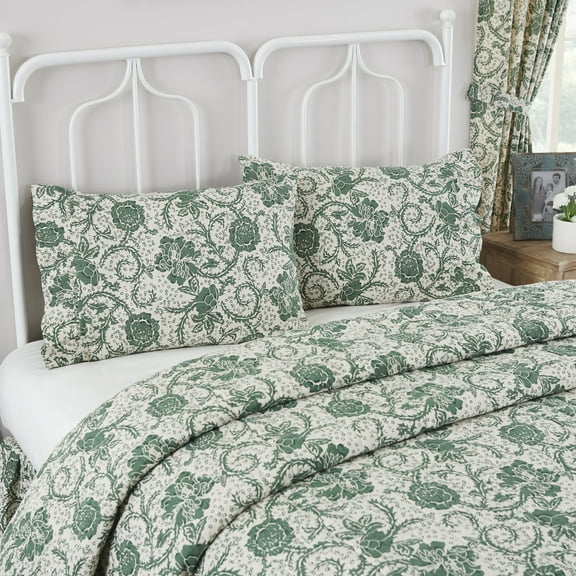 VHC Brands Dorset, Farmhouse Ruffled Pillow Cases, Standard Size, Floral, Green, 21x26, Set of 2