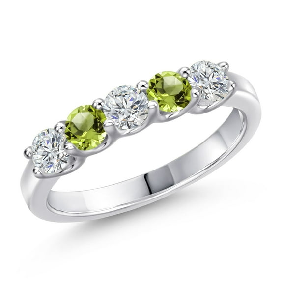 Gem Stone King 925 Sterling Silver Lab Grown Diamond and Green Peridot Wedding-Bands Ring for Women | 0.92 Cttw | Round 3.5MM | Gemstone April Birthstone | Size 8