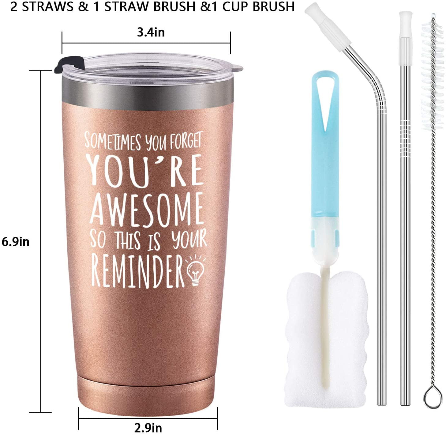 Insulated Stainless Steel Travel Tumbler with 2 Lids You're Awesome Travel Tumbler Thank You Gifts for Women 20 oz, Rose Gold Graduation Appreciation Birthday Gift for Her Teacher Friend Mom Wife