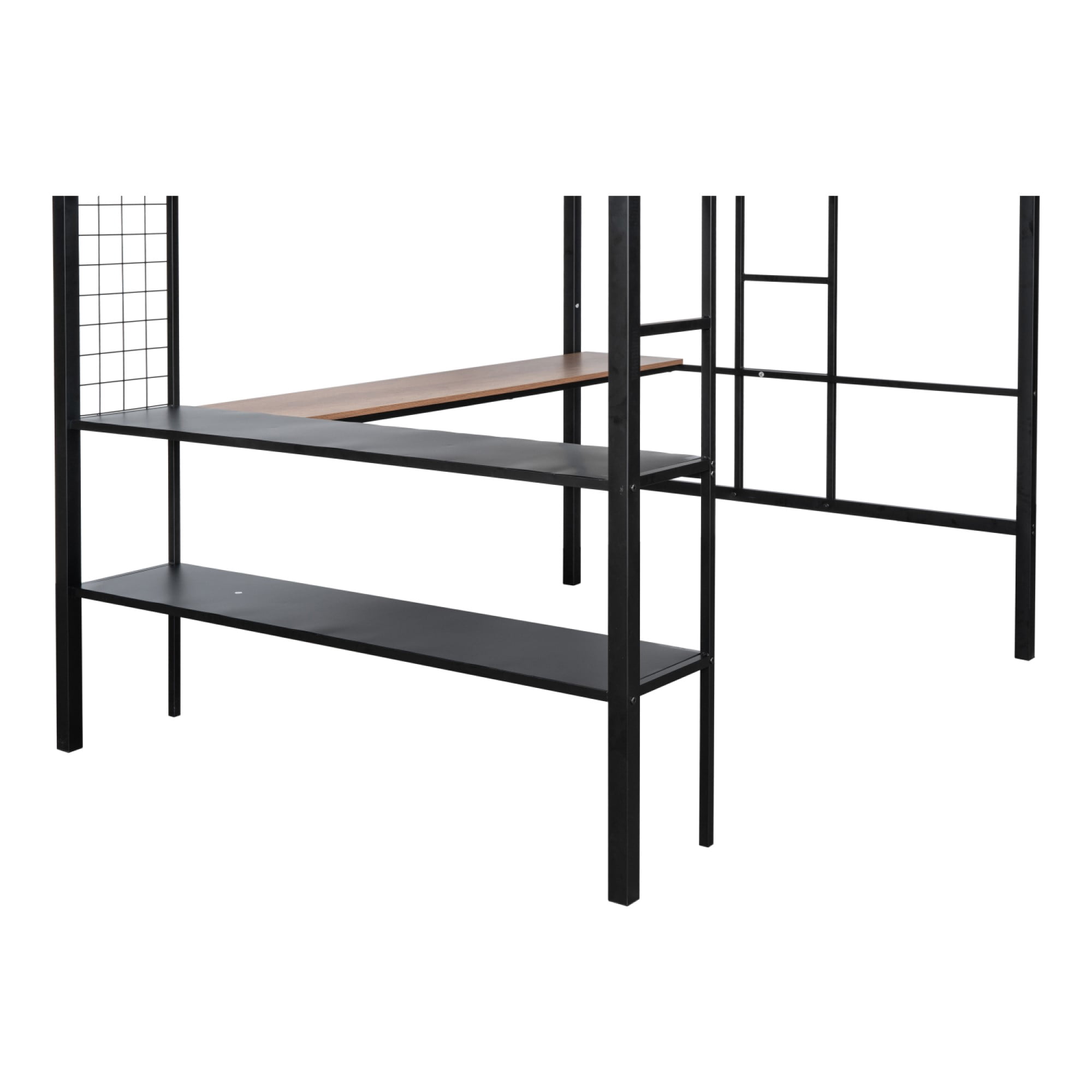 DEALTOPS Full Size Metal Loft Bed with Desk and 2-Tier Shelves and Grid Panel, Textilene Guardrail, Black