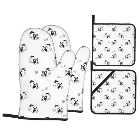 

Oven Mitts and Pot Holders Sets 4 pcs - Cute French Bulldog Funny_A Heat Resistant Silicone Oven Gloves with Non-Slip Silicone Surface and hot pads for kitchen Baking Cooking BBQ