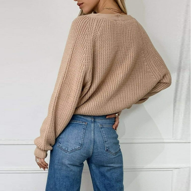 SDJMa Women's solid V-neck cardigan Lantern SleeveButton
