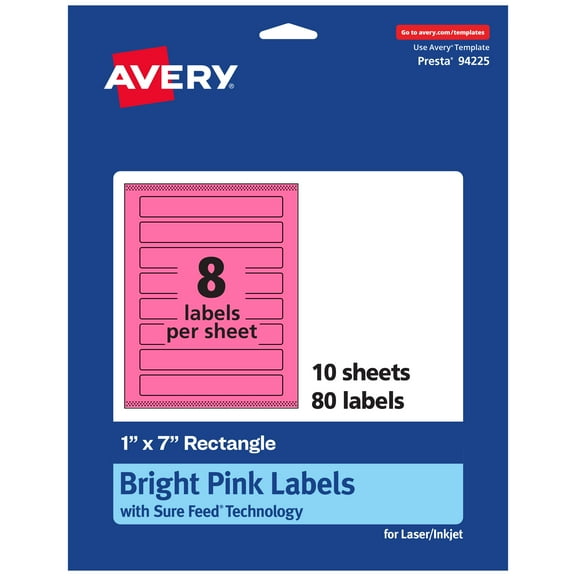 Avery Printable Rectangle Labels, Bright Pink, 1" x 7", 80ct