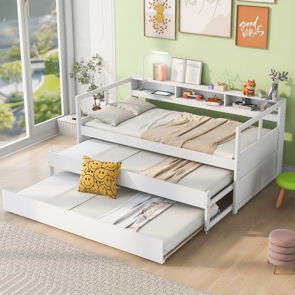 Pinovk Twin XL Wood Daybed with 2 Trundles, 3 Storage Cubbies, 1 Light for Free and USB Charging Design, White