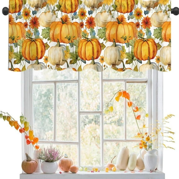 54x18 Inches Fall Harvest Pumpkin Thanksgiving Window Treatment Valance Maple Leaf Sunflower Autumn Family Party Decor Kitchen Bathroom Living Room Decorations Polyester Rod Pocket
