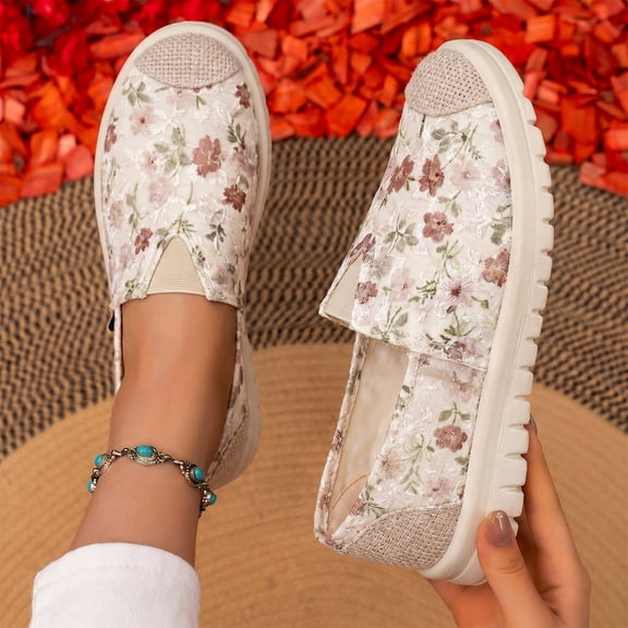 Womens Shoes Floral Print Slip-on Walking Shoes Sneakers Breathable Mesh Casual Footwear