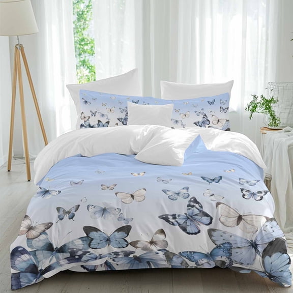 Blue White Butterflies Queen Size Comforter Set, Pastoral Style Gradient Background Bedding for All Seasons, 4 Pcs Bed Set, 1Quiltcover (90"x92") ,1Sheet(94"x116"), 2Pillowcases (30"x20")