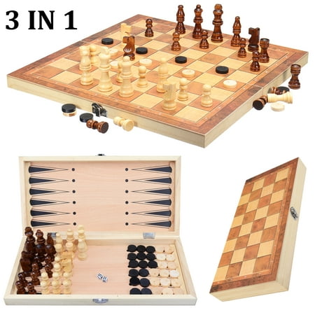 Mrosaa 3 in 1 Folding Wooden Chess Set Board Game Checkers Backgammon