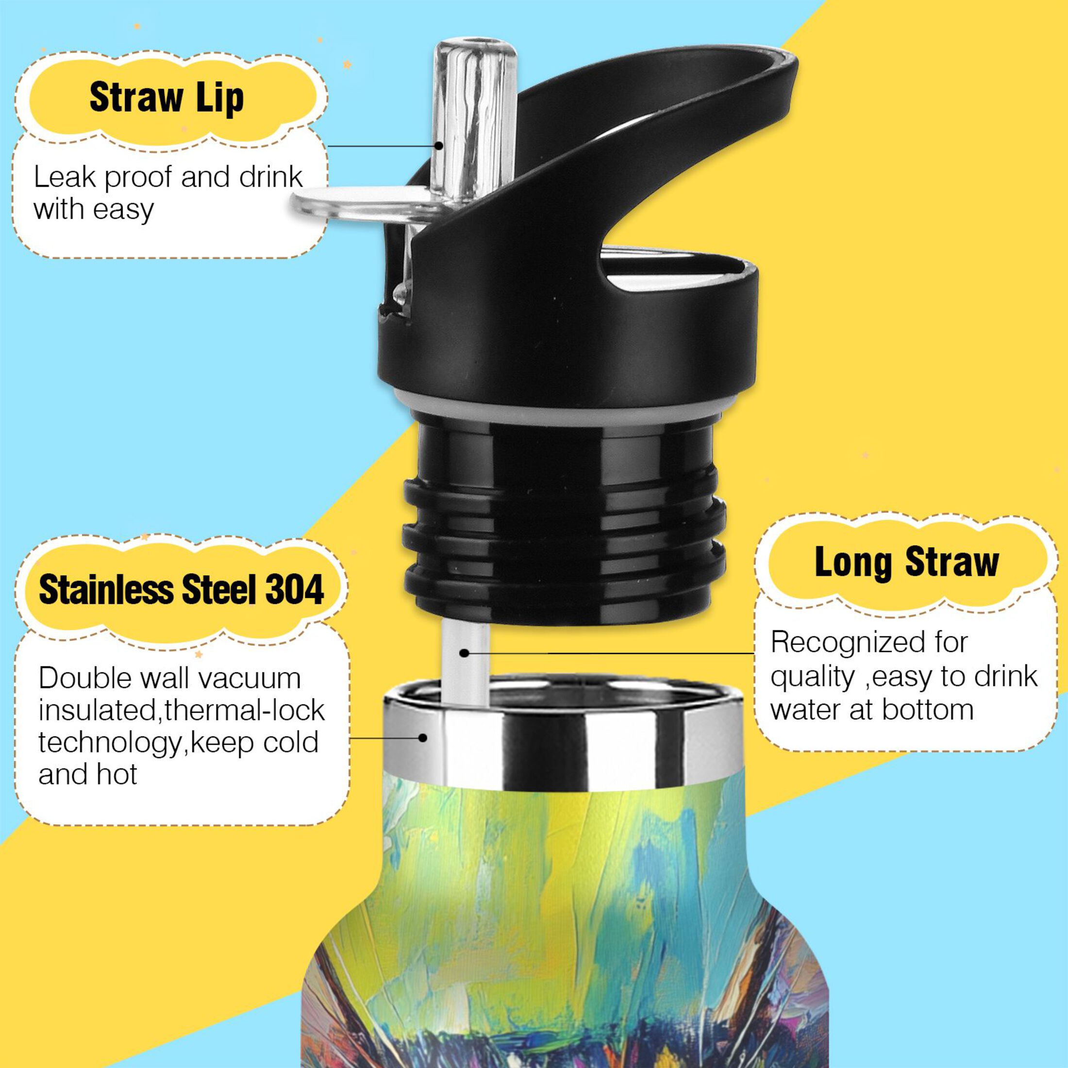 600ML Stainless Steel Insulated Cup Sports Water Bottle Portable Thermos Cup Water Glasses Insulated Tumblers Convenient and Durable Look Up Cat