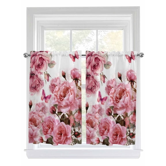 Pink Roses Bathroom Window Curtain, Spring Floral Elegant Pastoral Butterfly Light Filtering Coffee Kitchen Curtains, Bedroom Living Room Curtains 2 Panel 84"x54"