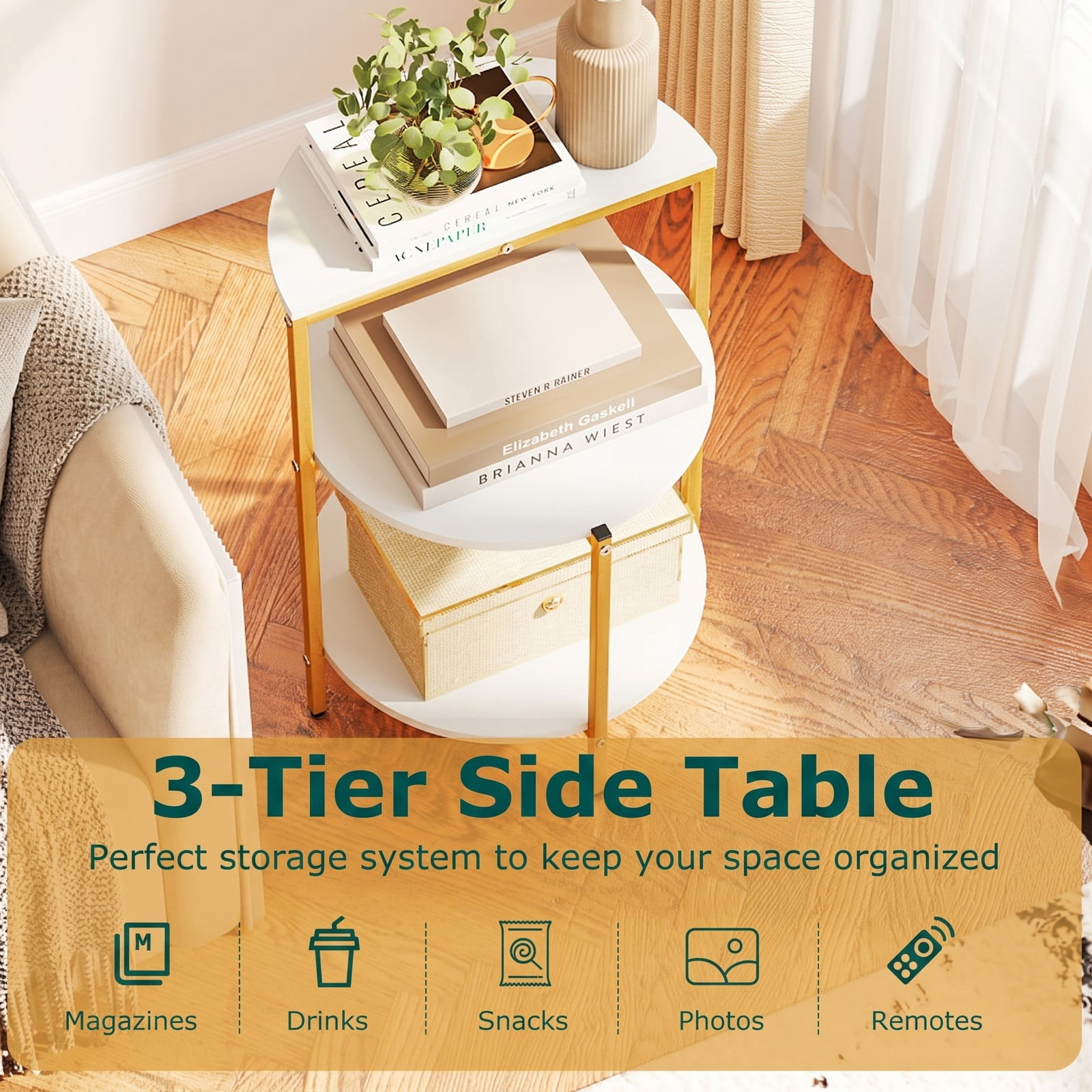Furnibear 3-Tier Round End Table Set of 2, Small Space Nightstand Side Table with Storage Shelves and X-Shaped Metal Base for Living Room Bedroom Entryway, White & Gold
