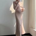 thumbnail image 4 of Fesfesfes Maternity Dress Knitted Solid Color Elegant Long Skirt Breathable Pregnancy Dress for Women Comfortable Wear(Pink,Free Size), 4 of 7