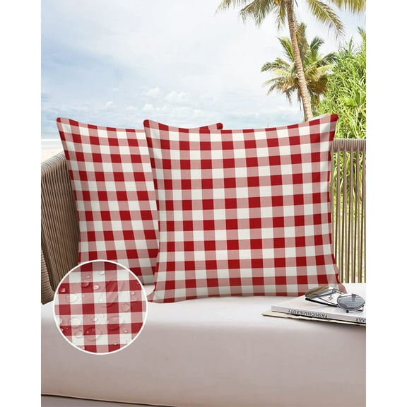 Rustic Farm Red and White Plaid Check Outdoor Pillow Covers Waterproof Throw Pillow Cover 18x18in Set of 2,Square Decorative Pillowcases Cushion Case for Patio Sofa Couch,Farmhouse